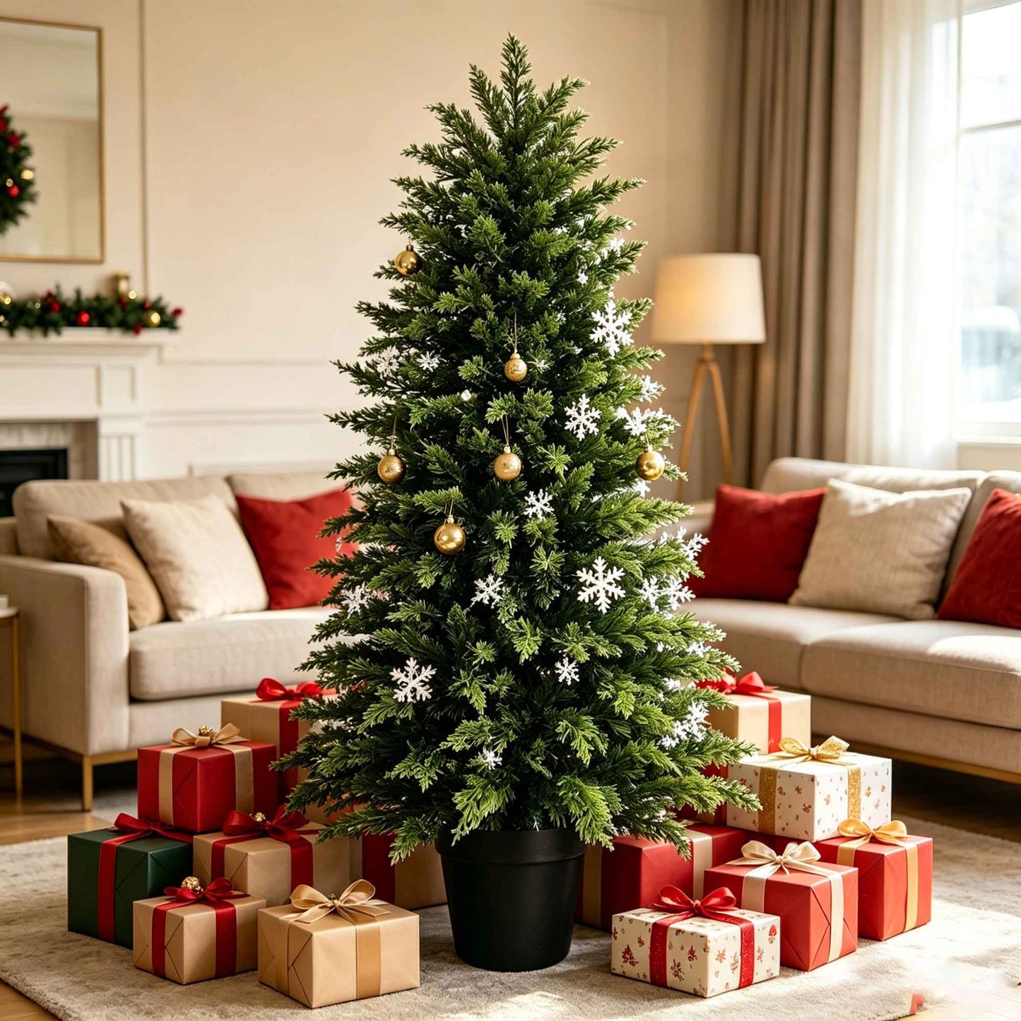 2/3/4/5/6FT Artificial Topiary Cedar Trees UV-Resistant Faux Evergreen Outdoor Indoor Plants Black Pot Faux Cedar Topiary Plants Christmas Trees for Front Porch Entryway & Patio Xmas Decor
