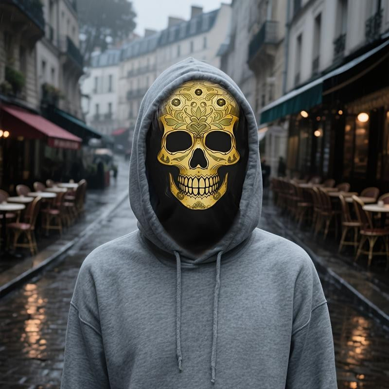 Golden Skull Mask with Patterned Totem Decoration – Inspired By The Mexican Day of The Dead. Featuring Hollow Eye Sockets