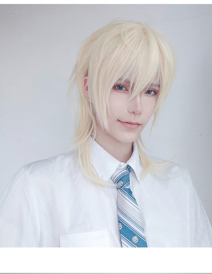 Peruca MEIFAN Sintética Curta para Cosplay Lolita Anime Masculina Cabelo Liso Masculino Fibra de Alta Temperatura Rosa Azul Louro Ombré Preto Peruca