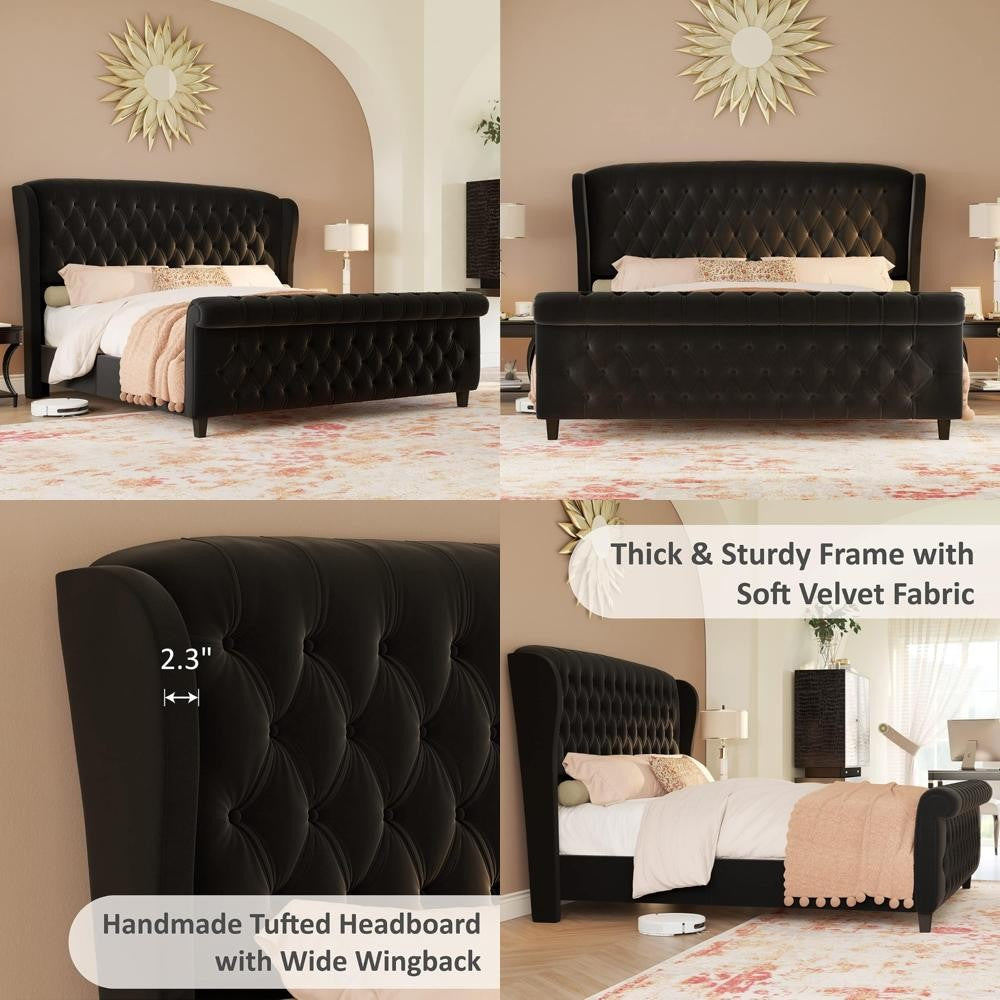 California King Velvet Sleigh Bed Frame with Curved Headboard, Footboard, and Deep Button Tufting