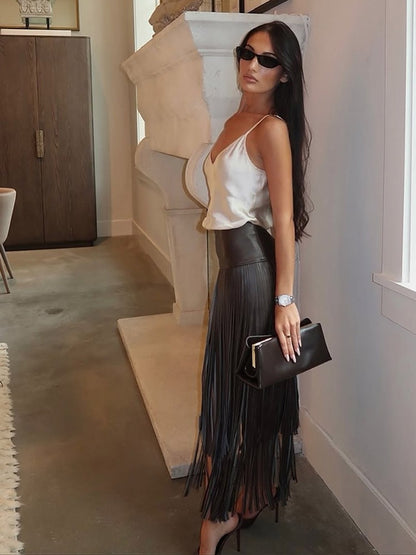 Tassel Leather Midi Skirt Women Solid High Street High-waist A-line Bodycon Long Skirts Spring Summer 2026 Chic All-match Outfit
