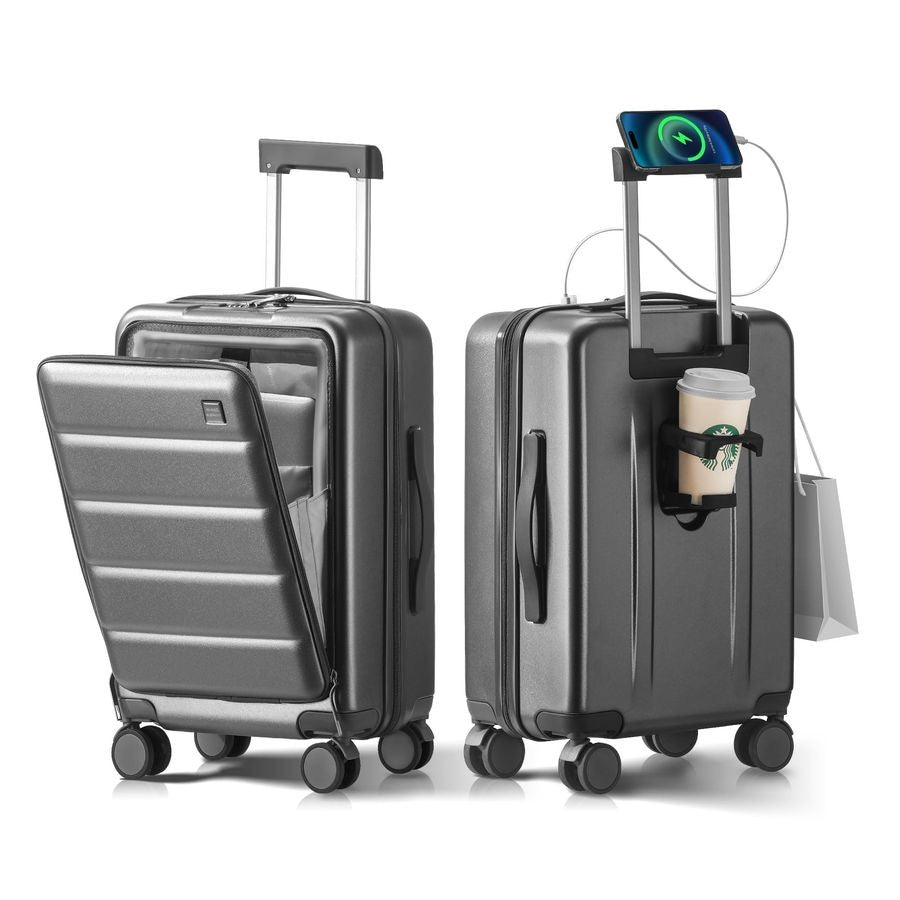 BAGAGEM DE MÃO 55x35x23cm Aprovada por Companhias Aéreas Bolso Frontal Rígida Mala de Viagem Inquebrável com Porta-Copos, Porta de Carregamento, Sid