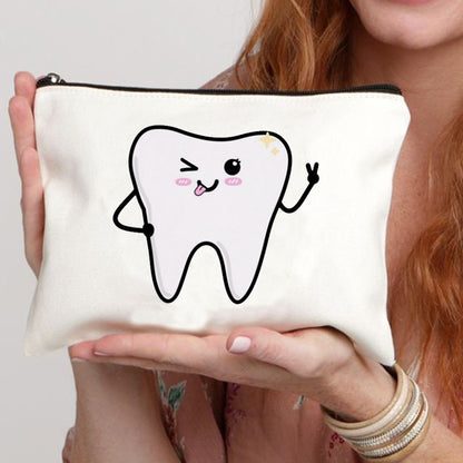 2024 Cute Teeth Cartoon White Zipper Makeup Bag Dental Clinic Storage Bag Women's Single Party Minimalist Decorative Handbag