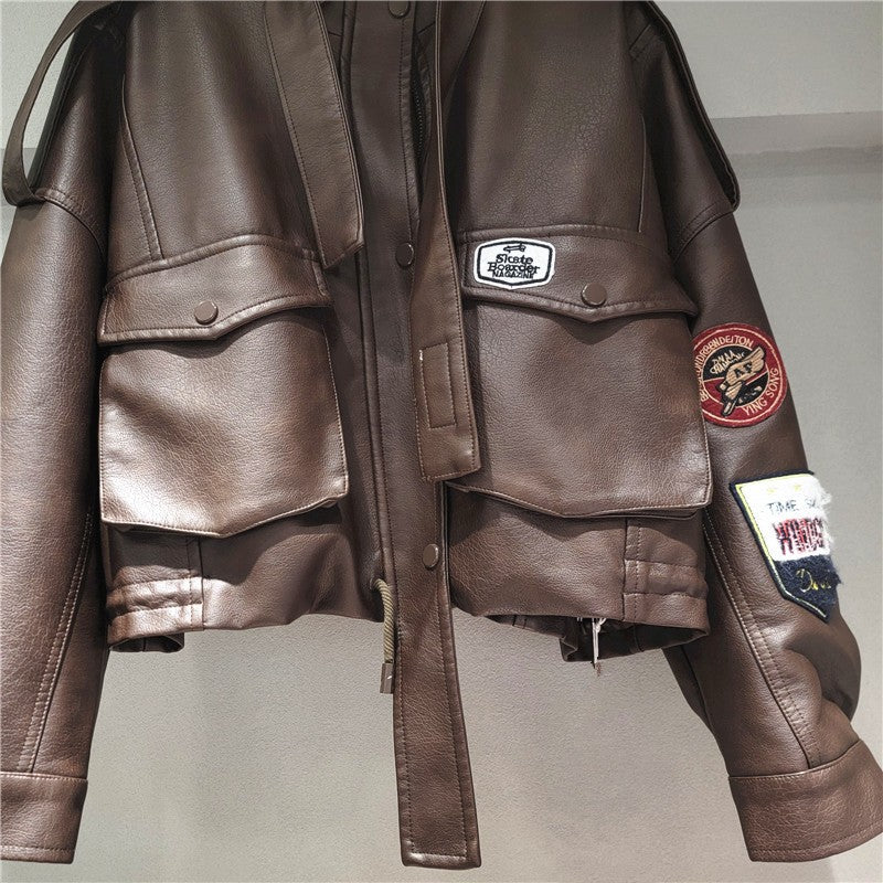 YEAE 2025 spring new vintage motorcycle leather printed high waist lean washed PU leather coat tide