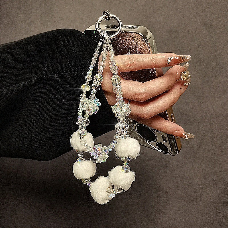Autumn/Winter Plush Phone Strap Floral Beaded Crystal Pom-Pom Handbag Chain New Trendy Accessory for Smartphones