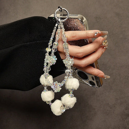 Autumn/Winter Plush Phone Strap Floral Beaded Crystal Pom-Pom Handbag Chain New Trendy Accessory for Smartphones