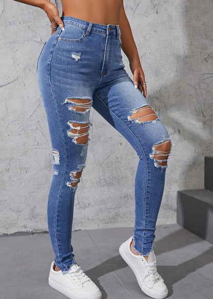 Washed Ripped Skinny Jeans Women's Spring and Fall New Fashion Street High-waisted Jeans Casual Small Leg Pants Pencil Pants