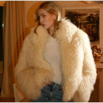 Fashion Solid Plush Faux Fur Coat Women Elegant Warm Long Sleeves Loose Jacket 2025 Lady Winter Chic High Street Outerwear ?