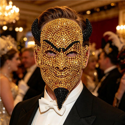 Sparkling Rhinestone Devil Mask, Crystal Horned Demon Mask for Halloween, Costume Party, Cosplay and Masquerade