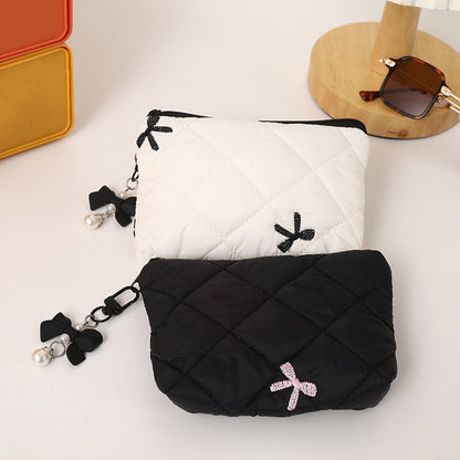 Simple bow quilted clutch, portable everyday small item pouch for lipstick, earphones, and change, soft travel makeup bag