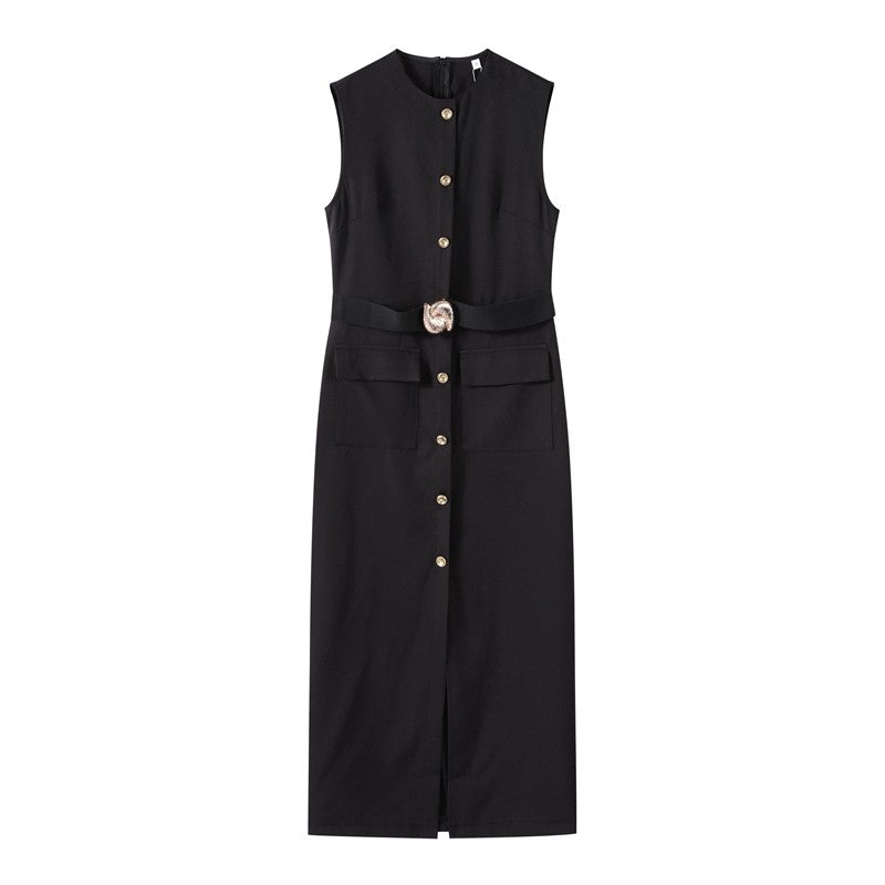 Elegant Midi Dress Woman O-neck Single Breasted Sleeveless Pocket Dresses Female