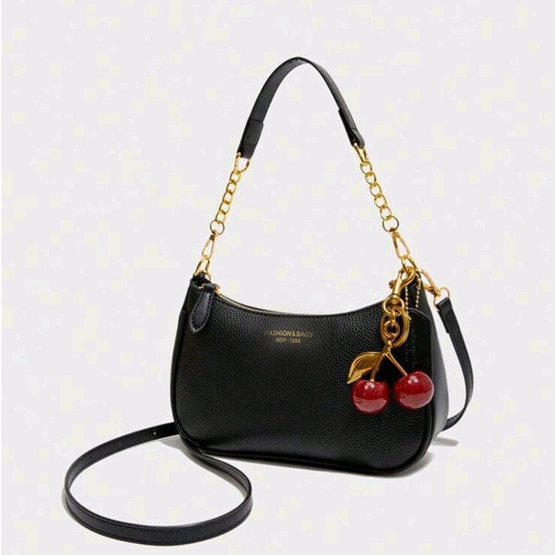 Cherry Pendant Shoulder Bag Women Light Luxury New High-end Women's Bag Soft Lychee Pattern Underarm Bag Casual Dumpling Bag