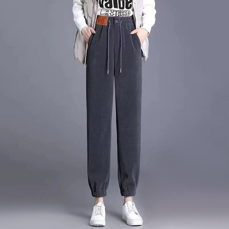 Solid Casual Thicken Women Corduroy Pants Lamb Fleece Padded Cashmere Warm Sweatpants Female Elastic Waist Soft Fur Trousers