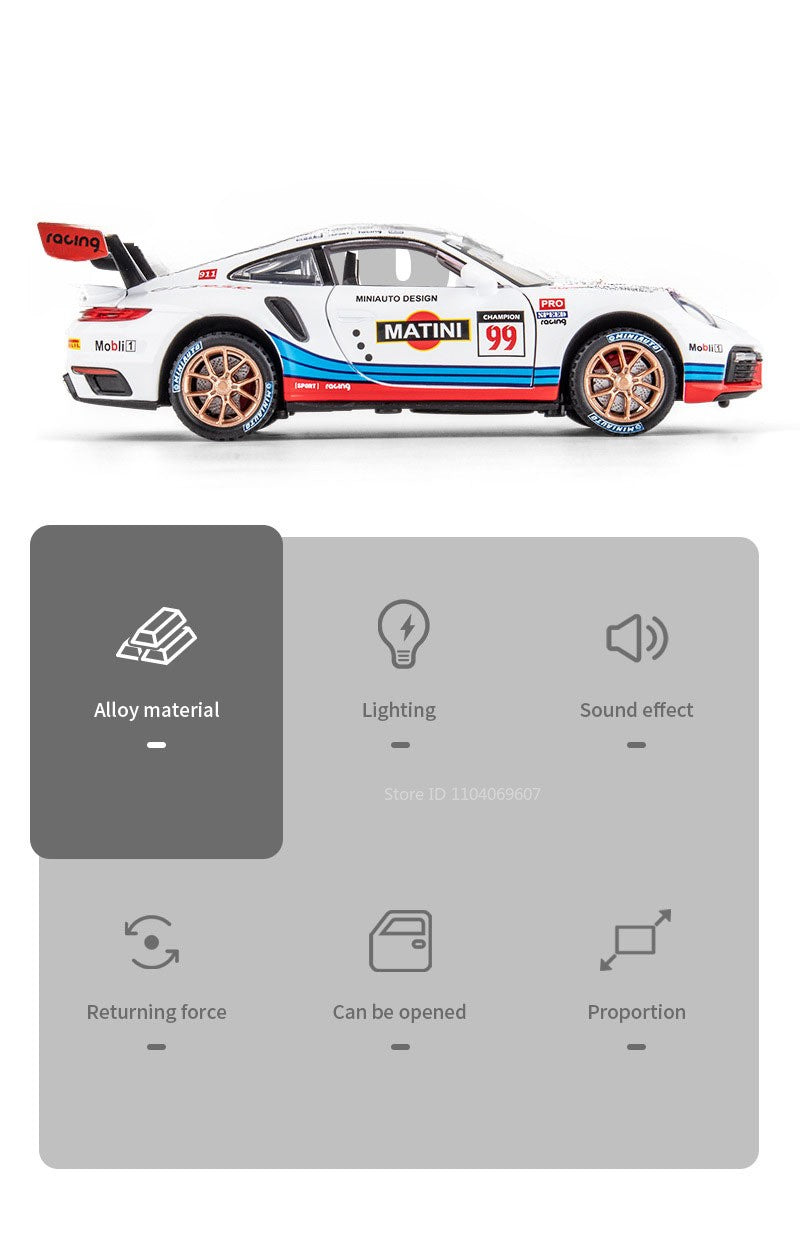 1:32 911 GT3 RSR Miniature Sports Car Model Toys Alloy Diecast Vehicles 4 Doors Opened Pull Back Sound Light Supercar Boys Gifts