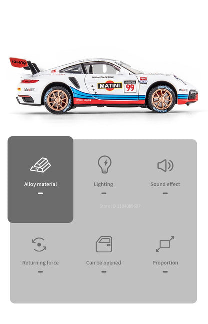 1:32 911 GT3 RSR Miniature Sports Car Model Toys Alloy Diecast Vehicles 4 Doors Opened Pull Back Sound Light Supercar Boys Gifts