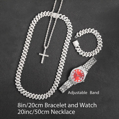 4pcs/set Mens Bling Wrist Watch & Hip Hop Cuban Chain Necklace Set - Rhinestone Accented, Round Dial, Electronic Quartz Movement