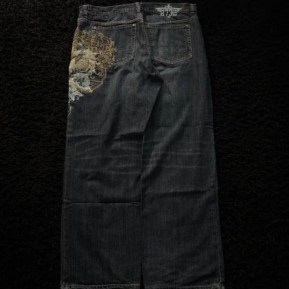 Streetwear Fashion New Pattern Embroidery Black Washed Baggy Jeans Female Y2K Gothic Hiphop Popular Casual Lovers Wide-leg Pants