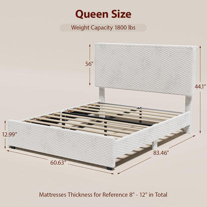 Estrutura de Cama Queen Size com Cabeceira de Armazenamento, Estrutura de Cama Plataforma Estofada com Luzes LED e Estação de Carregamento, Reforçada