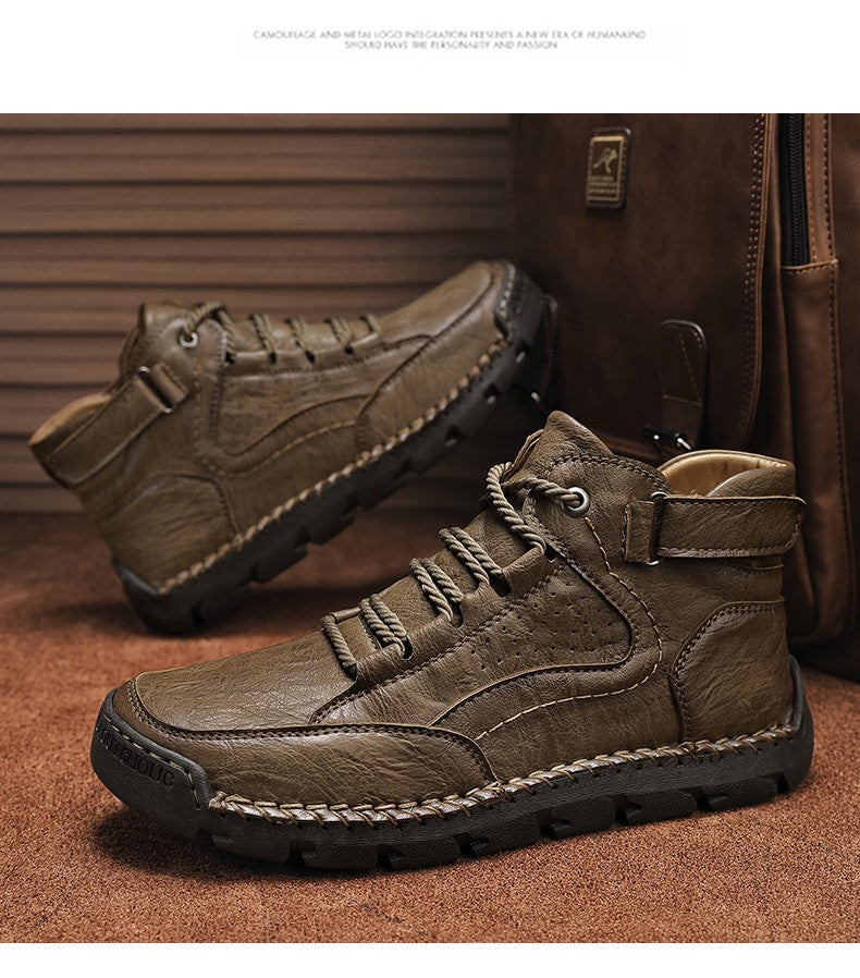 Botas masculinas costuradas à mão, sapatos casuais plus size, botas confortáveis e macias, botas antiderrapantes para uso externo