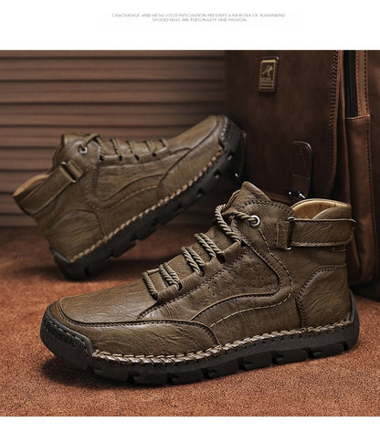 Botas masculinas costuradas à mão, sapatos casuais plus size, botas confortáveis e macias, botas antiderrapantes para uso externo