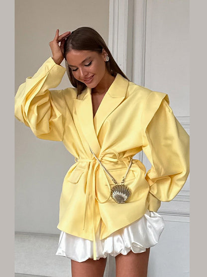Lace Up Shoulder Pad Blazer Coat Women Elegant Turn-down Collar Long Sleeve Pockets Slim Fit Coats Chic Ladies Commute Outerwear