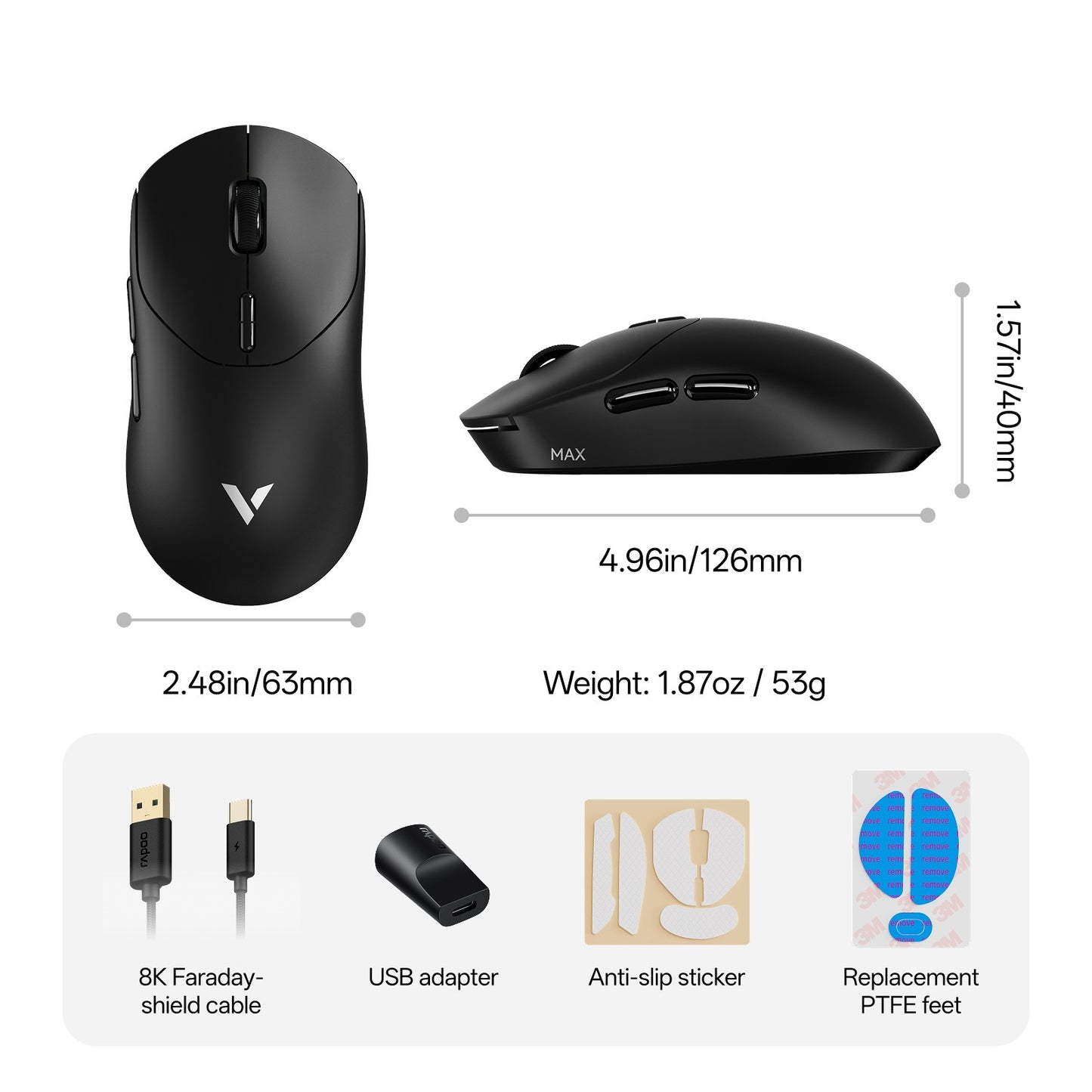 Mouse Gamer Sem Fio Rapoo VT2 MAX E-sports com Sensor Óptico de Taxa de Sondagem de 8K, Design Ergonômico, Leve (53g) para PC e Laptop