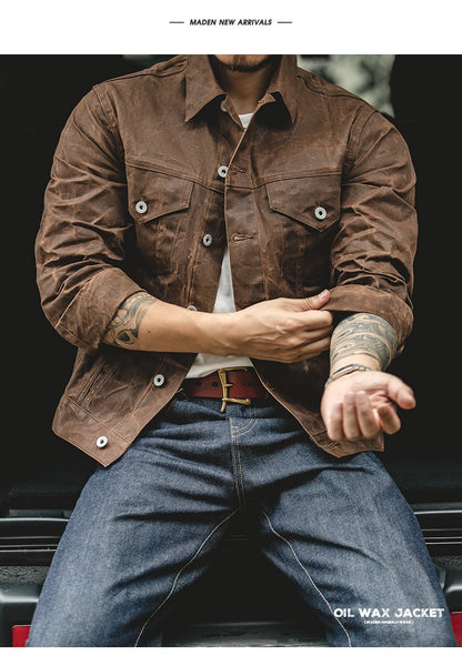 Maden Retro Heavyweight Canvas Oil Waxed Jacket Cotton Waterproof Hunting Coat Male Spring Khaki Casual Work Safari Style Jacket