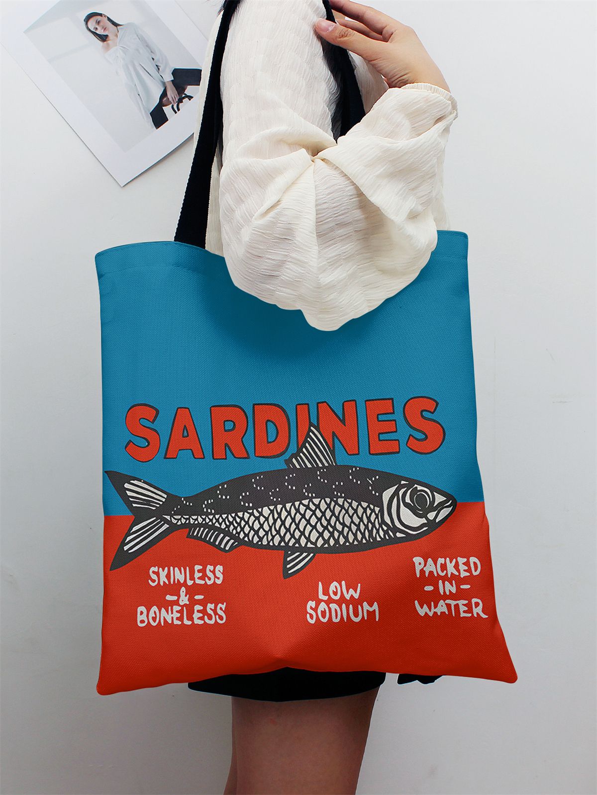 Colorful Trendy Sardines Printe Casual Handbag, Reusable Fashionable Backpack, Multifunctional Tote Bag Polyester Shopping Bag