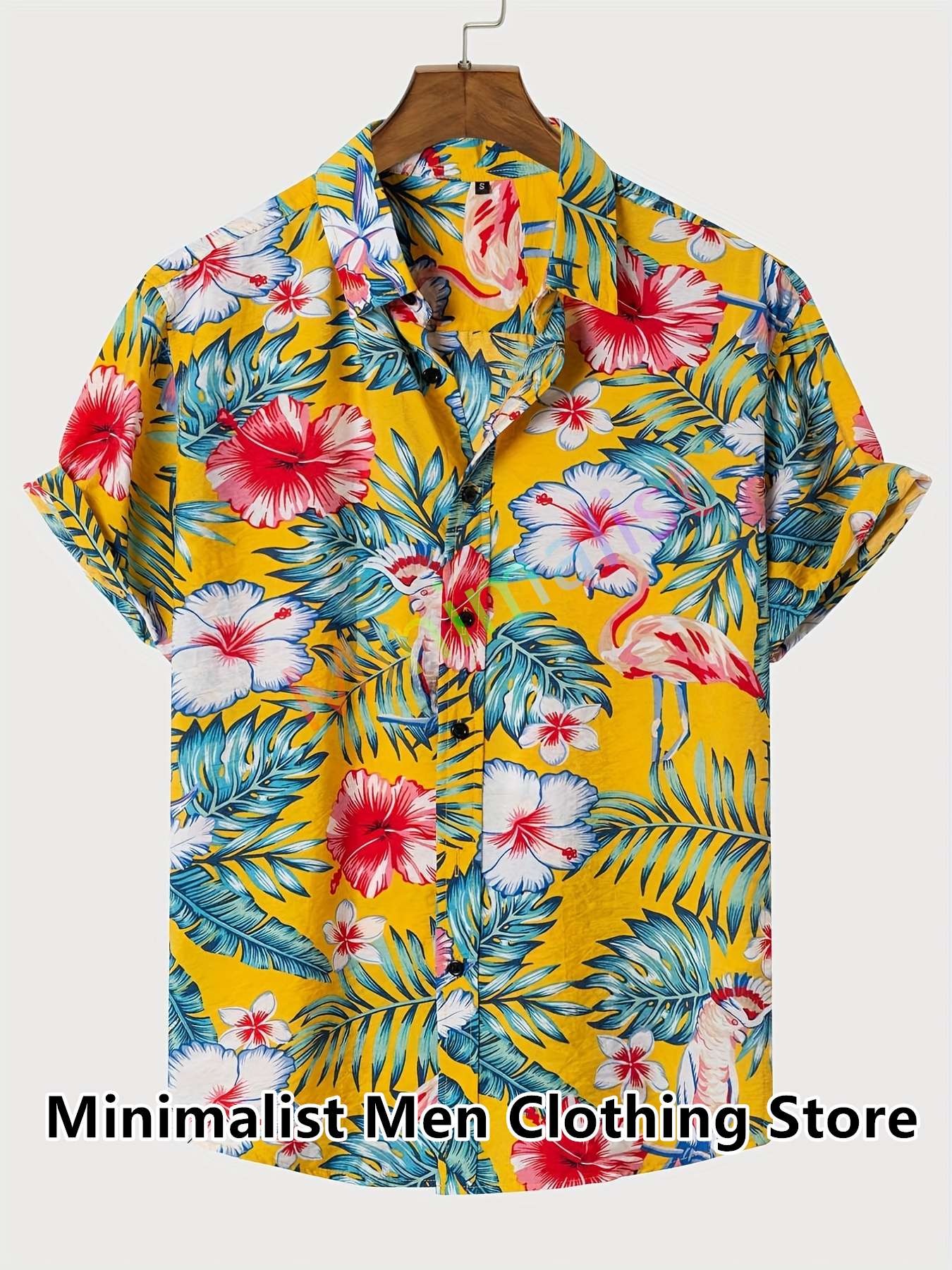 2023 Leaf and Flamingo Print Shirt For Men Hawaiian Shirt Casual Beach Short Sleeve Fashion Tops Male Blouse Summer Clothing