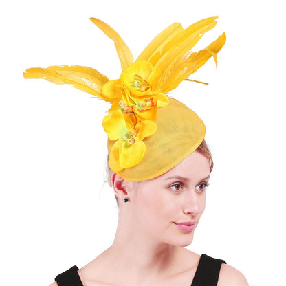 Fascinator Elegante de Lavanda com Flor Amarela Chapéu Derby para Senhora Chapéus de Igreja em Sinamay Fedora de Aba Larga Chapéu para Casamento Festa Vestido XMF320