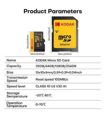 KODAK 100% Original Micro sd Card 32GB 64GB 128GB 256GB Microsd Memory Card Class10 SDXC U3 4K TF Card for Drone Phone Charmera