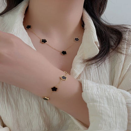 3pçs/conjunto Colar, Pulseira e Brincos de Flor de Cinco Pétalas da Sorte para Mulheres Elegante Trevo Moda Festa Joias Presentes Acessórios