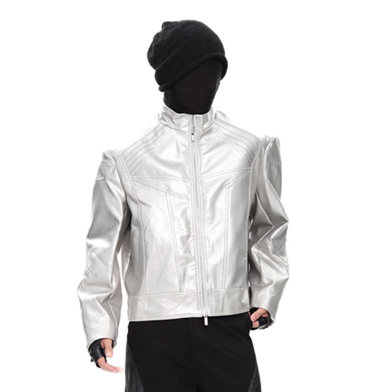 FEWQ Niche Design Men's PU Leather Coats Stand Collar Solid Color Zipper Metal Design Shoulder Pads Male Short Jacket 24K5931