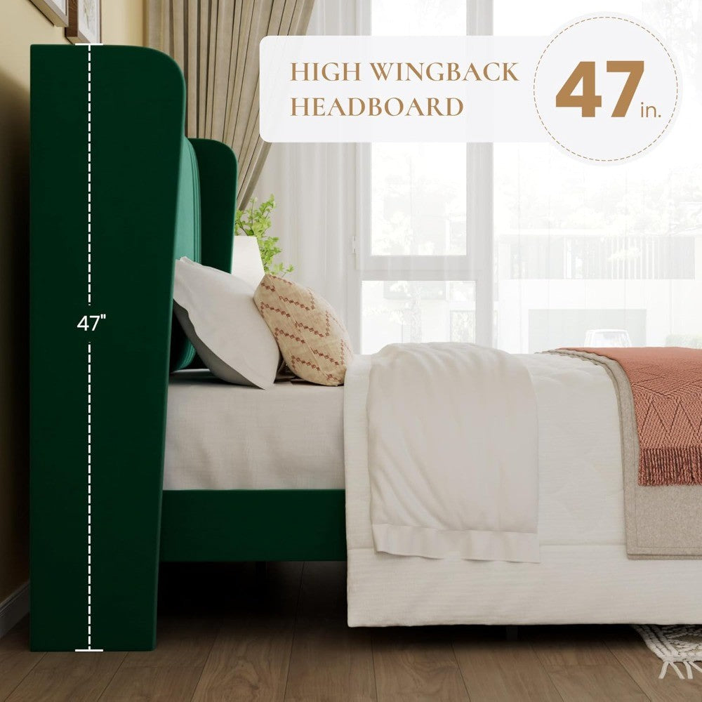 Estrutura de Cama Queen Size Estofada em Veludo com Cabeceira de Encosto em Asa com Tufo Vertical, Suporte de Estrado de Madeira