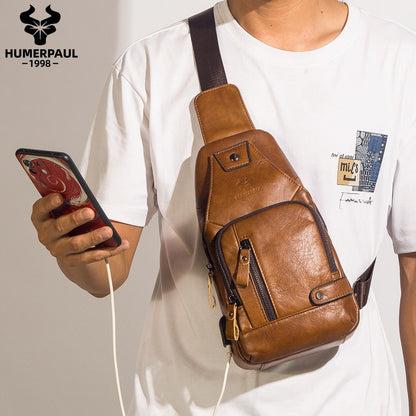 HUMERPAUL Men's Usb Chest Bag 100% Genuine Leather Crossbody Shoulder Bags Multifunction Travel Outdoor Messenger Pack Fashion