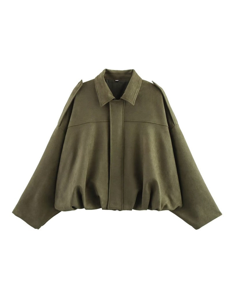 ETJ 2025  Spring new women's suede texture effect Loose version of fashion lapel shoulder bomber jacket