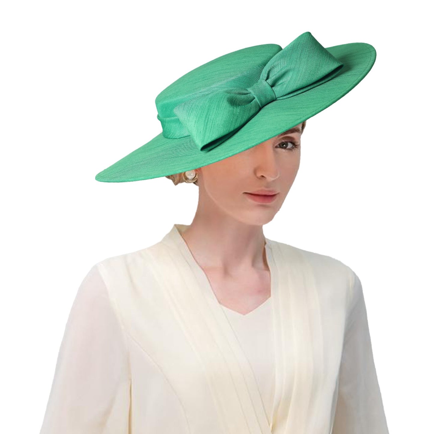 FS Elegante Chapéu de Aba Larga Marfim Feminino Grande Laço Ocasião Formal Kentucky Boné Feminino Casamento Coquetel Festa Fedora de Topo Reto 2024