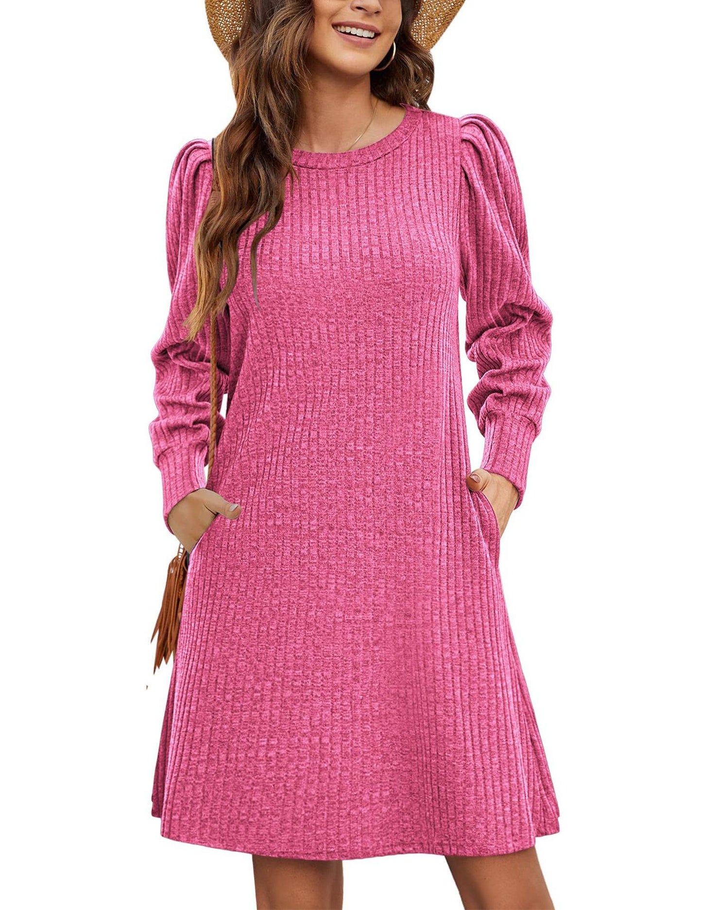 Y2K autumn and winter women's crew neck solid color sweater bubble sleeve fashion commuter dress comfortable casual loose dress