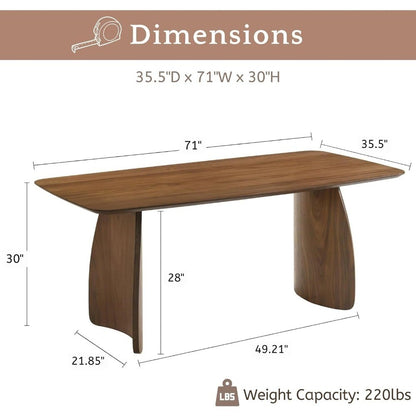 large walnut rectangular pedestal dining table for 6-8 people, 71" mid-century modern wood
