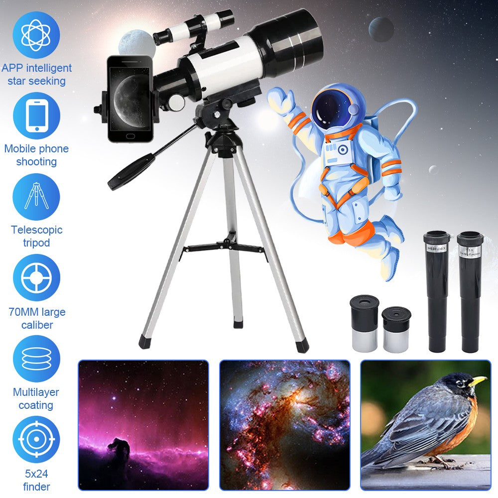 Telescópio Astronômico 150X, Refrator de Abertura de 70mm, Telescópio Portátil de Viagem com Adaptador de Celular e Controle Remoto Sem Fio