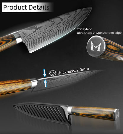 Conjunto de Facas de Cozinha 1-7PÇS Faca de Chef Japonesa Santoku 7CR17 Aço Inoxidável 440C Faca de Imitação de Damasco Cutelo de Carne Fatiador