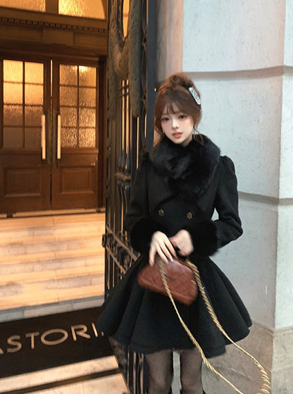 Vintage Black Wool Blends Coats Women Elegant Faux Collar Woolen Jacket Korean Long Sleeve Outerwears Winter Design Overcoat New
