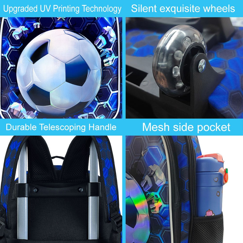 Mochila de Rodinhas 3 Peças para Meninos, Mochila Escolar com Rodinhas de Futebol com Lancheira, Mochilas de Rodinhas de Futebol para Adolescentes Meninos Ensino Fundamental