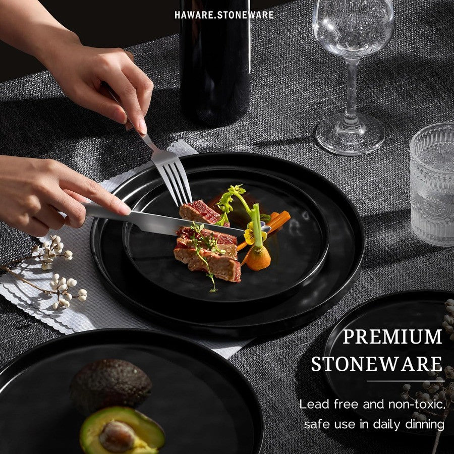 12Piece Stoneware Dinnerware Set for 4 People with Plates and Bowls Matte Black Ceramic Tableware for Home Restaurant Use Chip