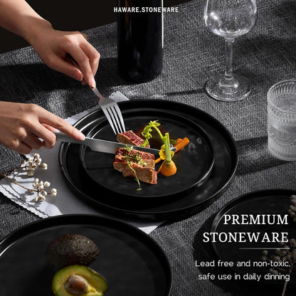 12Piece Stoneware Dinnerware Set for 4 People with Plates and Bowls Matte Black Ceramic Tableware for Home Restaurant Use Chip