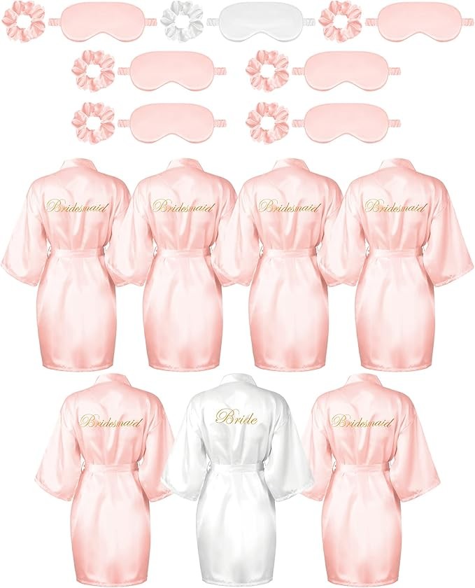 7 Pcs Bridesmaid Robe Sets Bride Silk Satin Bridal Party with Sleeping Eye Mask and Elastic Headband