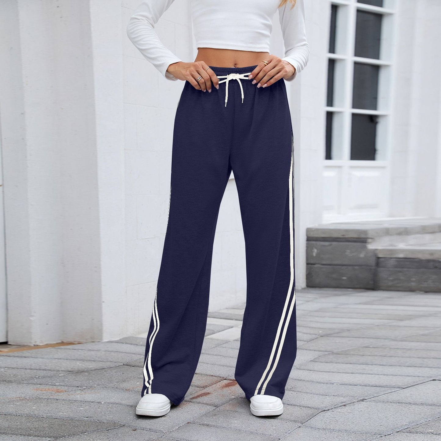 2025 Women Stripe Chic Straight Pant Autumn Spring Retro Sports Sweatpants Solid color casual fashion elegant waist womens pants