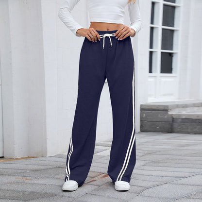 2025 Women Stripe Chic Straight Pant Autumn Spring Retro Sports Sweatpants Solid color casual fashion elegant waist womens pants