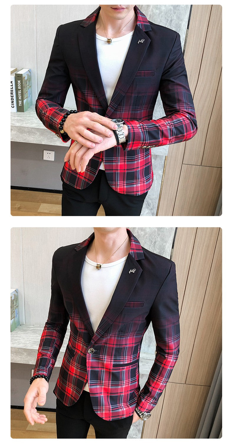 Blazer Men Boutique Fashion Plaid Men's Slim Casual Suit Jacket Male Ball Social Blazer Suit Coat Host Clothing