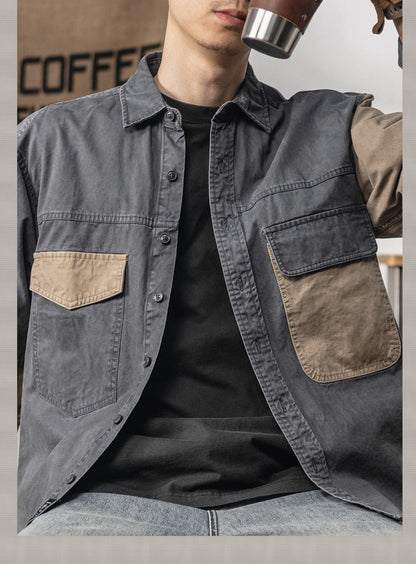 Spring and autumn new American vintage khaki loose long-sleeved shirt Japanese casual cargo shirt men's patchwork trend top